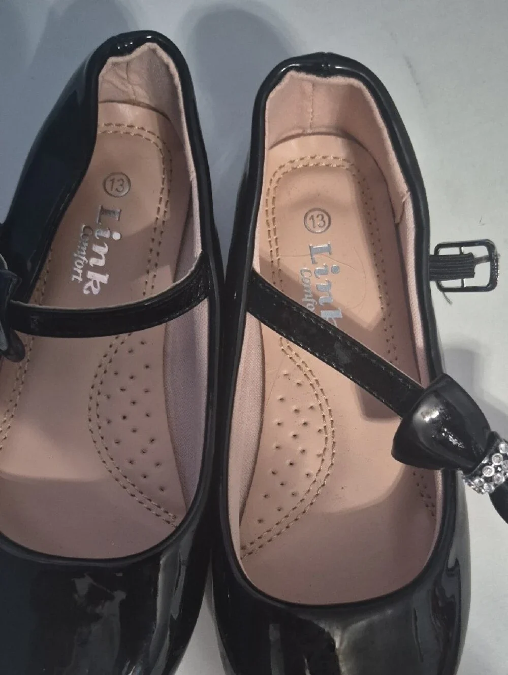 Link Black Patent Mary Jane Shoes with Bow and Rhinestone Accent